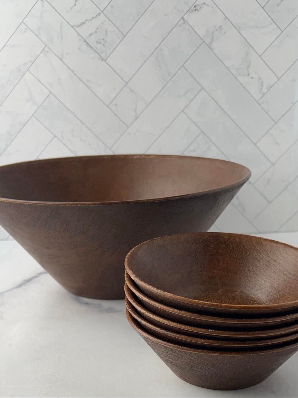 Wood Look Salad And Serving Bowl Set Dark Brown Matte Finish Vintage Retro MCM